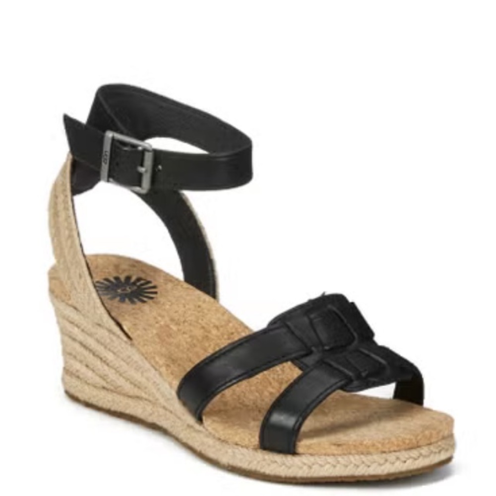 UGG Maysie Strappy Black Leather Ankle Strap Espadrille Wedge Sandals Women 9.5